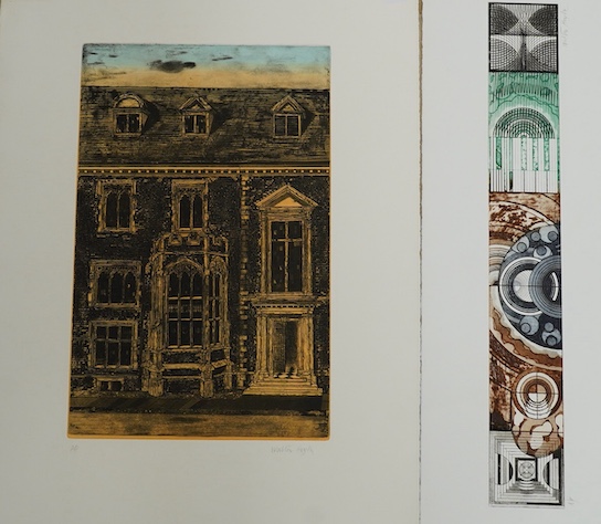 Walter Hoyle (1922-2000), artists proof etching, ‘St Catherine’s College entrance’ and a lithograph, abstract designs, each signed in pencil, largest 80 x 59cm, unframed